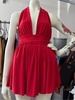 Red deep halter plunge Windsor mini dress red night dress cocktail mini